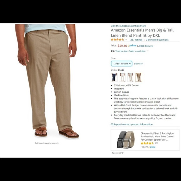 NWT Amazon Essentials Men's Big & Tall Linen Blend Khaki Pants -DXL Size 1X x 30 - Picture 2 of 7